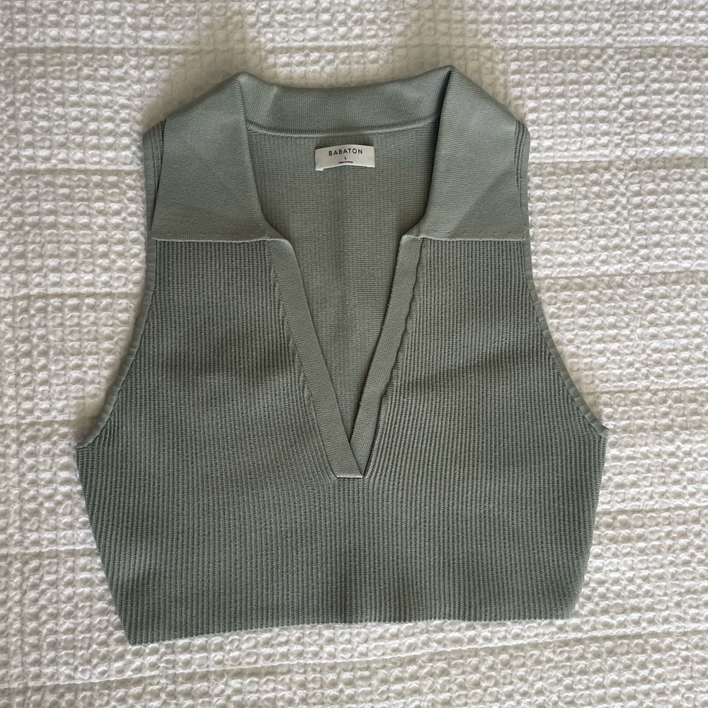 Aritzia Babaton Sage Green Sculpt Knit Polo Top